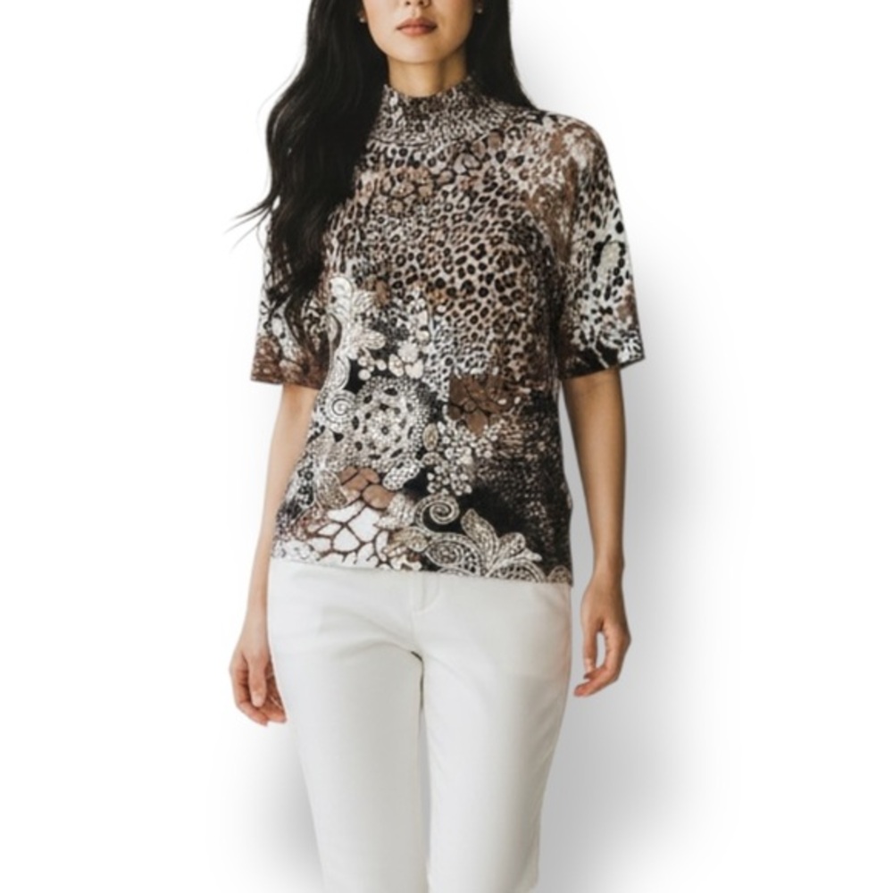 4/$20 Cache Animal Print Mock Neck Top Beaded Embellished Stretch Knit Medium